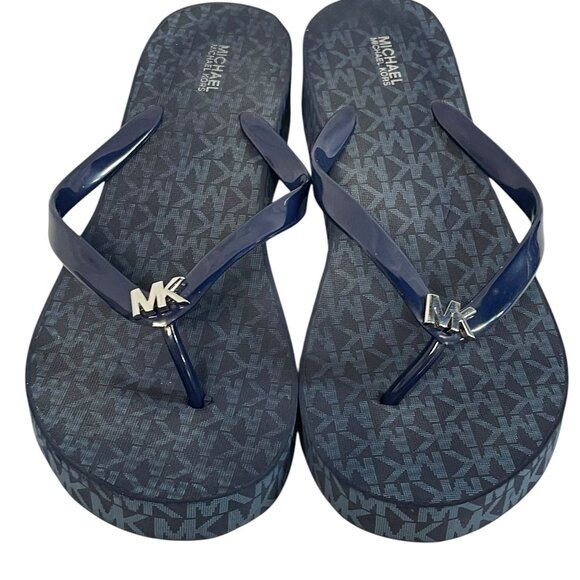 MICHAEL KORS MK Signature Bedford Blue Wedges Thongs Flip-Flops Sandals Size 11 - Picture 2 of 12